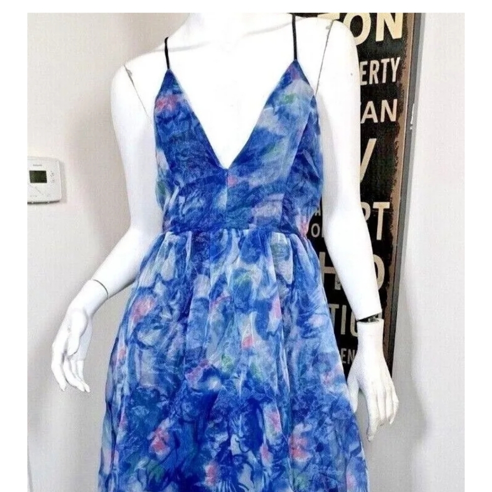 Lulu's Dress ‎ Bloom Wildly Navy Blue Floral Organza Maxi Dress Size Small